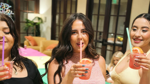 Guests at a real Salt Rim event holding their garnished cocktails, mid-conversation
