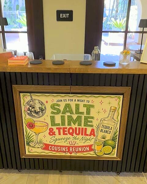 The client&rsquo;s custom banner, framed on the front of The Salt Rim bar, reading &lsquo;Join us for a night to Salt Lime & Tequila&rsquo;