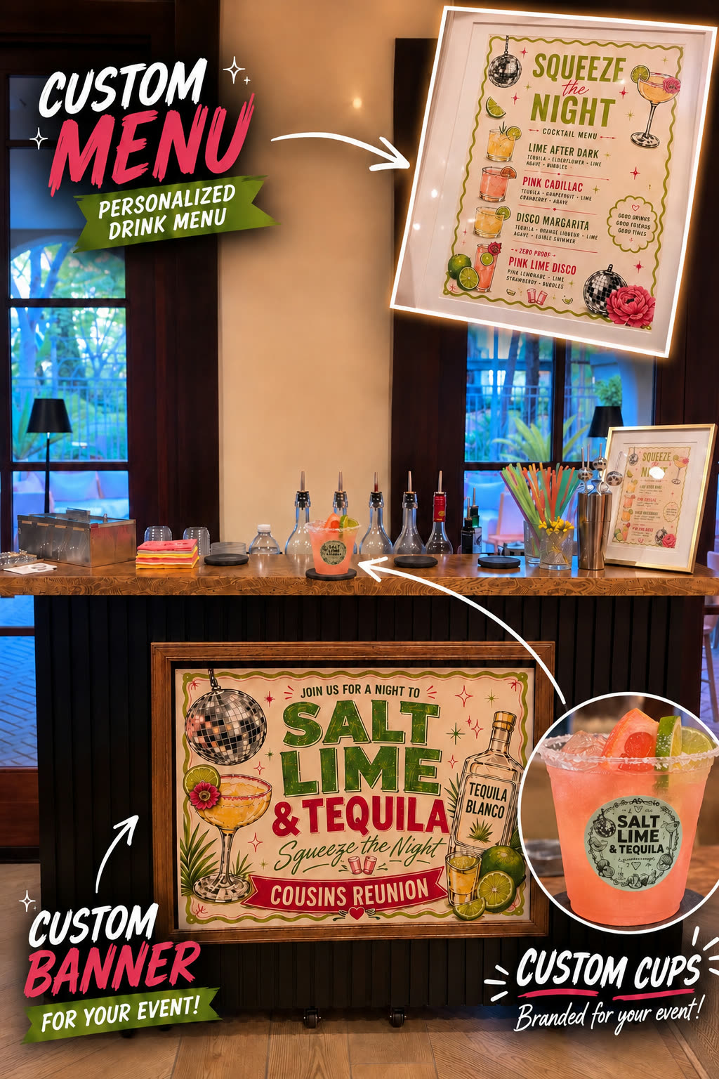 One real Salt Rim bar labelled with the three pieces made for the event: the custom printed drink menu framed on the bar top, the custom banner framed on the front of the bar, and a finished drink in a cup carrying the event's own branded sticker.